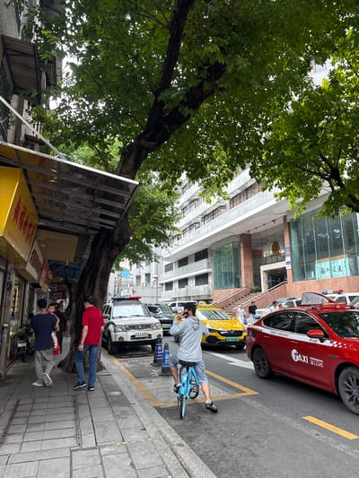 In Liwan District, China, an outdoor street scene unfolds under a canopy of lush green trees. On the left, a row of shops with yellow and red signage line the sidewalk. Several pedestrians are visible on the sidewalk, including a man in a red shirt, another in a blue shirt carrying a child, and a man in a grey hoodie on a blue bicycle. A white police SUV with red and blue lights is parked on the street. Further down the street, a red taxi with "TAXI" branding and a yellow taxi are present. The background features a multi-story building with a modern facade and large glass windows. The ground is paved with concrete tiles on the sidewalk and asphalt on the street, marked with yellow lines.