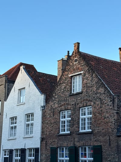 The image shows the facades of two historic brick buildings in Bruges, Belgium. The building on the left is painted white and has a steep, red-tiled gabled roof. It features several white-framed windows, some with dark shutters. The building on the right is constructed of dark red brick, with a similar red-tiled gabled roof. This building also has white-framed windows, some of which are arched at the top. The brickwork on this building exhibits decorative patterns. Chimneys are visible on both rooftops. The sky above is a clear, pale blue.