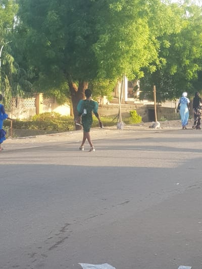 A street scene in Dabawa, Nigeria, shows a woman in a green dress walking on the sidewalk. To the left, there are dense green trees and buildings. On the road, further in the background, are two people wearing what appears to be traditional Nigerian clothing. The road surface takes up a significant portion of the right side of the image.