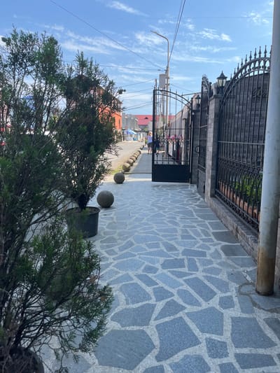 A paved walkway with a stone pattern leads to an ornate black metal gate. Beyond the gate, a street lined with houses and power lines stretches into the distance under a bright blue sky with scattered white clouds. Two round, grey bollards are placed on the walkway near a large, potted green shrub in the foreground. A person can be seen walking through the open gate. The scene appears to be set in a residential area on a sunny day.