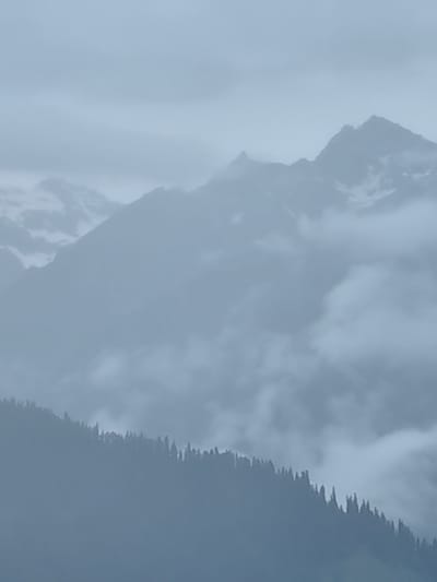 The image depicts a hazy mountain landscape, likely in the vicinity of Prini, India, as suggested by the provided context. The foreground features a dark silhouette of a forested mountain slope, with the tops of numerous evergreen trees creating a jagged, uneven treeline against the lighter sky. Further into the background, towering, mist-shrouded mountains rise, their peaks partially obscured by swirling clouds. Patches of snow are visible on the higher mountain slopes, indicating significant elevation. The overall atmosphere is muted and atmospheric, with a monochromatic palette dominated by shades of gray and blue. There are no people, animals, or discernable man-made structures visible in the scene. The environment is natural and mountainous, characterized by fog and mountainous terrain.
