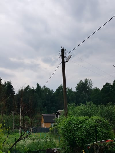 The image depicts a rural outdoor scene under a cloudy sky. In the foreground, a bare tree with dark branches is positioned on the left, partially obscuring a chain-link fence that encloses a garden area with abundant green foliage and scattered white wildflowers.
A wooden utility pole stands prominently in the middle ground, supporting a power line and a street lamp fixture attached to the side. This pole is situated in front of a dense line of dark green trees that forms the background. To the left of the utility pole, another, slimmer pole is visible.
Further to the right, a small, yellow-sided house with a dark roof is partially visible, set back from the fence. Beyond the house and the utility pole, more lush green trees and vegetation create a thick, natural landscape. The overall impression is one of a somewhat overgrown, tranquil, and undeveloped setting, likely in a rural area of Дзешчанскі сельскі Савет, Belarus. There are no people or animals visible in the image.