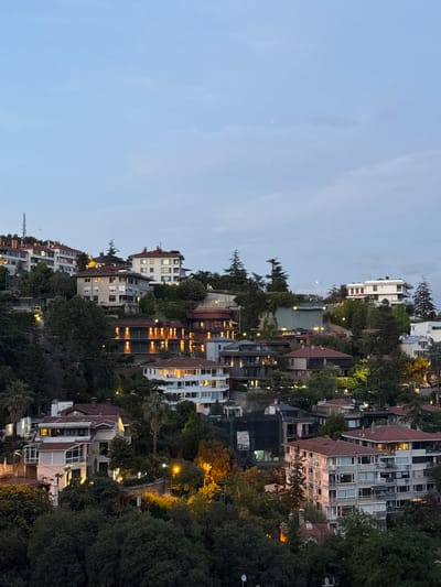 The image depicts a hillside residential area in Beşiktaş, Turkey, as twilight descends. The scene is characterized by a cluster of multi-story buildings nestled among lush green trees. Many of the buildings are illuminated from within, suggesting the evening hour and the start of artificial lighting. The architecture varies, with some structures featuring modern designs and large windows, while others exhibit more traditional tiled roofs.

The sky is a soft, pale blue, indicating it is either early evening or late afternoon, transitioning towards night. The lighting in the scene is a mix of natural twilight and the warm glow emanating from the windows of the houses and from streetlights scattered throughout the area, illuminating pathways and trees. The dense foliage suggests a natural or well-landscaped environment integrated with the urban development.

The perspective is from an elevated viewpoint, looking down and across the hillside, giving a sense of depth and the layered nature of the community. There are no visible people, but the lit windows imply the presence of residents. The overall mood is tranquil and serene, capturing a quiet moment in a densely populated area. A tall tower, possibly a communication mast or a landmark, is visible in the distance on the left side of the frame. The image does not contain any discernible text.