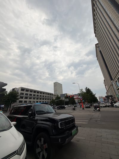 The image depicts a street scene in Linghe, China, under a cloudy sky. Tall buildings line the street, with one on the left appearing to be a high-rise office building with a ribbed facade. Across the street, another multi-story building with many windows is visible, and further down, a very tall, slender building stands against the sky.
The street itself is paved with stone tiles on the right side, and a pedestrian crossing is marked on the road. Several cars are parked along the street and at the intersection, including a black SUV prominently featured in the foreground, and a white car behind it. A few people are visible walking on the sidewalk and crossing the street. A scooter and a bicycle are also present. Traffic lights are visible, some showing red, indicating a pause in traffic.
The weather appears overcast, with a lot of cloud cover in the sky. The lighting suggests it might be daytime, possibly late afternoon or early morning, given the diffused light. The scene appears to be a typical urban environment.
Some visible text includes what appears to be license plates on the vehicles, and signs on the buildings, though the text is not clearly legible in the overall image. One sign on a building appears to have Chinese characters. The traffic lights show numbers, possibly indicating remaining time.