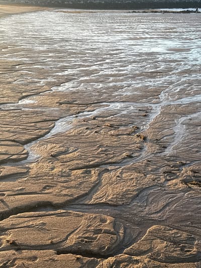 This image depicts a sandy beach at low tide, showcasing intricate patterns formed by receding water. The sand is textured with numerous channels and rivulets, some of which still hold small amounts of water, reflecting the light. The light golden hue of the sand suggests it is illuminated by the sun. In the distance, a rocky shoreline or breakwater is visible, and beyond that, a body of water which could be the sea. A single, distant figure, possibly a person, stands on the beach near the water's edge. The environment appears natural and serene. This scene is consistent with the appearance of the beaches in Gijón, Spain, particularly during low tide when such drainage patterns are prominent.