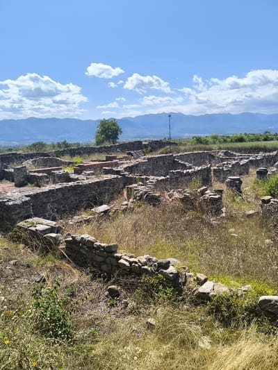 The image depicts the ruins of an ancient Roman settlement situated in the city of Garmen, Bulgaria. The foreground and midground are dominated by the weathered stone foundations and walls of various structures, overgrown with dry grass and some green vegetation. The stonework is rough and uneven, suggesting ancient construction. In the background, a line of hazy blue mountains stretches across the horizon under a bright blue sky dotted with white, puffy clouds. A single green tree stands on a hill to the left of the ruins, and a tall, thin pole with a light fixture on top is visible to the right of the tree, further into the ruins. The scene is illuminated by bright sunlight, casting shadows on the ruins and highlighting the dry, Mediterranean-like vegetation. There are no people visible in the image.