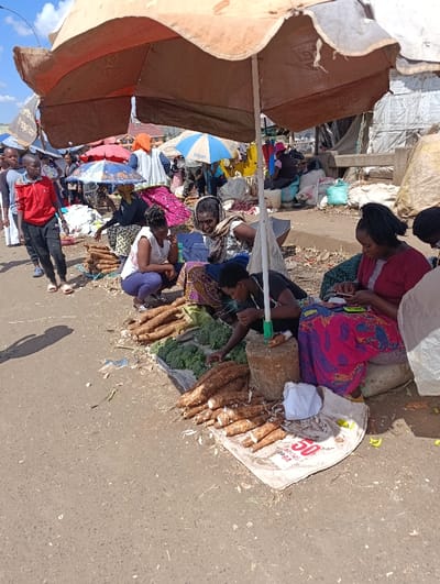 The scene takes place in Githurai, Kenya, specifically at the coordinates -1.202 latitude and 36.919 longitude. A large tan umbrella provides shade for a group of women selling produce. The produce is arranged on the ground, including a large pile of cassava root, a mound of green leafy vegetables, and a few other items. There are several women seated under the umbrella, working together at the market stall. One woman is peeling cassava root, another is handling money, and a third woman is interacting with a customer. The environment is a paved street in a busy urban area, with several other buildings and stalls in the background. There is a slight amount of debris present on the street, suggesting that the area sees heavy foot traffic.