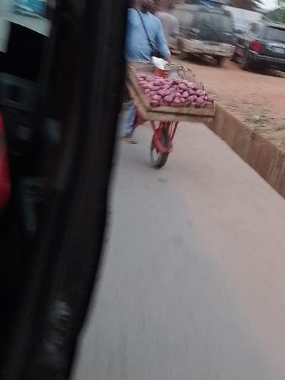 This image, taken in Orie Uratta, Nigeria, depicts a street scene with a vendor in motion. The central subject is an individual, observed from the waist up, wearing a light blue long-sleeved shirt, pushing a red two-wheeled handcart. The handcart features a large wooden rectangular crate on top, filled with a substantial quantity of reddish-purple onions. A small white item is visible within the crate near the individual. The individual's face is obscured by motion blur and distance.
The scene unfolds on a paved surface, likely a road or a wide sidewalk. To the right of the paved area, an unpaved, reddish-brown dirt shoulder or embankment is present. In the blurred background, several vehicles are visible on an unpaved road, including a dark-colored SUV or car on the far right and a lighter-colored vehicle further back. The left foreground is dominated by a dark, out-of-focus object, possibly part of a vehicle's interior or exterior structure, partially obstructing the view. A subtle red tint from an unknown object is also visible in the far left edge. The overall lighting suggests daylight conditions, possibly overcast. The entire image displays motion blur, indicating that the photograph was captured while the subjects or the camera were in motion.