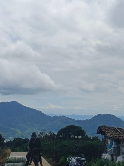 The image depicts an overcast mountain landscape in Ngọc Tụ, Vietnam. In the foreground, a paved path extends from the viewer. A lone individual, dressed in dark attire, sits astride a motorcycle positioned centrally on this path, facing away from the viewer towards the distant mountains. To the immediate left of the path, several light-colored, possibly green or white, rectangular sacks or bundles are stacked horizontally. The mid-ground features dense green vegetation, with multiple white rectangular items, possibly laundry, hanging or displayed within the foliage. To the right, a rustic, open-sided structure with a tiled roof stands, beside which various white bags/sacks and a partial blue and white sign are visible. A light-colored scooter is partially visible behind the vegetation on the right. The background consists of multiple layers of forested mountains receding into a bluish haze under a heavy, uniform layer of grey and white clouds. Two small, dark avian shapes are discernible in the sky above the distant mountain range.