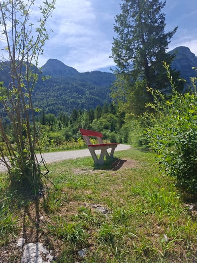 A red and gray concrete bench sits on a grassy area next to a gravel path. Behind the bench, a dense forest covers a mountain slope. The sky is blue with scattered clouds. The scene appears to be in Obertraun, Austria.
