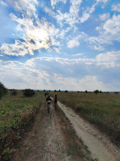 A group of people on bicycles rides down a dirt path through a grassy field. The sky is a vibrant blue with dramatic, fluffy white clouds, and the sun is visible, casting a bright glow through some of the clouds. It appears to be late afternoon or early evening, with the sun low on the horizon. The landscape is rural and open, with patches of trees and bushes dotting the horizon. The overall mood is peaceful and adventurous, suggesting a leisurely bike ride on a summer day. There is no visible text in the image. The scene is set in Ustyvytsya, Ukraine.