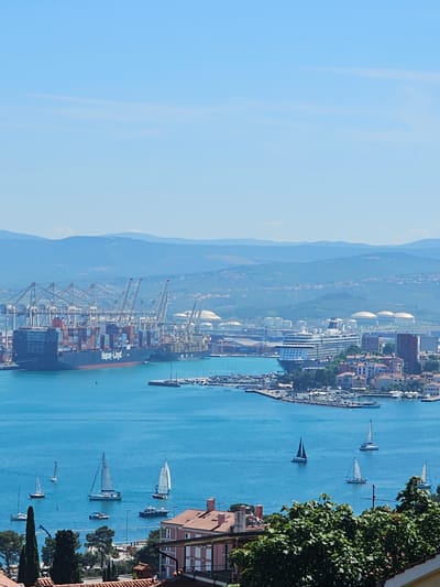 The image displays a panoramic view of the port of Koper, Slovenia, on a clear, sunny day. In the foreground, a body of turquoise water is dotted with numerous sailboats and a few smaller motorboats. Some of these sailboats are actively sailing, with their sails full, while others are anchored or moving slowly.
In the mid-ground, the coastline of Koper is visible, featuring a dense cluster of buildings with red-tiled roofs, characteristic of Mediterranean architecture. A small harbor filled with many docked boats is also present. Further back, a large cruise ship is docked near the city.
The background is dominated by the extensive industrial port facilities of Koper. A massive container ship, identified by the "Hapag-Lloyd" logo, is prominently positioned. It is flanked by large cranes, indicating active cargo operations. Beyond the port, the landscape rises into rolling hills covered in green vegetation, eventually meeting a range of hazy blue mountains in the far distance. The sky is a clear, bright blue with a few wispy clouds. The overall scene captures a vibrant juxtaposition of leisure boating, urban life, and heavy industrial activity within the maritime setting of Koper.