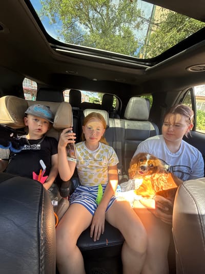 In Valday, Russia, three children and a dog are seated in the back of a car with the sunroof open. A young boy on the left wears a black t-shirt, a grey baseball cap, and a chain necklace. He holds a black toy and an orange and pink toy. Next to him, a girl with blonde hair wears a yellow and white t-shirt with lemon prints and striped shorts. She is holding a phone. On the right, a teenage girl with light brown hair holds a Cavalier King Charles Spaniel dog. She wears a white t-shirt. The car's interior is visible, with leather seats and a sunroof revealing trees and buildings outside. The scene suggests a family outing on a sunny day.