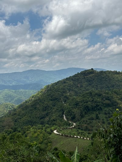 The image is a landscape view of rolling green hills covered in dense vegetation under a cloudy sky. A winding white road is visible traversing the slope of a prominent hill in the foreground, leading towards the distance. In the middle ground, layers of progressively bluer, distant mountains recede into the horizon. The foreground on the right shows lush green foliage, including banana leaves and vines. The scene depicts a natural, mountainous environment, likely in a rural or undeveloped area. This scene is of Song Luy, Vietnam.