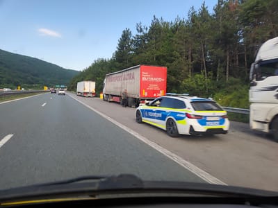 The image captures a highway scene near Potop, Bulgaria, on a clear day with a light blue sky. In the foreground, the perspective is from inside a vehicle, looking forward through the windshield. The highway has multiple lanes, marked by white lines, and a shoulder.
Several vehicles are present on the highway. A white police car, featuring blue and yellow markings with the word "POLICE" in Cyrillic script, is positioned in the right lane, facing away from the viewer. To the left of the police car, a large red semi-trailer truck with "TRANSPORT ALTRA" and "EUTRACO.eu" branding is stopped. A man in a dark t-shirt and light-colored pants is standing next to the rear tire of this truck, appearing to be talking on his phone. Further ahead on the highway, there are more trucks, including a white semi-trailer truck, and a few passenger cars.
The environment includes a dense forest of pine trees lining the right side of the highway. On the left side, a green, tree-covered hillside is visible, with power lines running across it. The overall impression is that of a traffic stop or incident occurring on a rural highway.