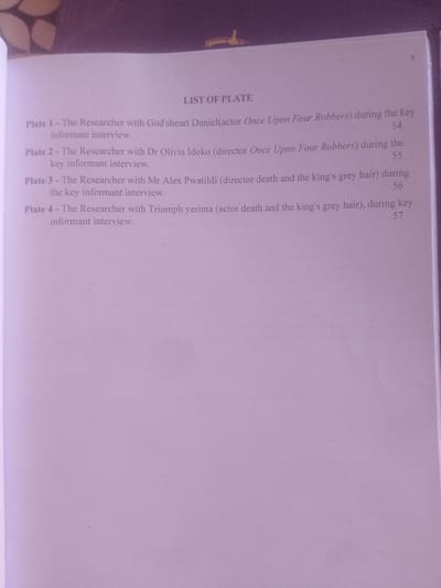 This image shows a portion of a document, likely a book or report, with a list of plates. The list includes four entries:

*   Plate 1: The Researcher with God'sheart Daniel (actor Once Upon Four Robbers) during the key informant interview.
*   Plate 2: The Researcher with Dr Olivia Idoko (director Once Upon Four Robbers) during the key informant interview.
*   Plate 3: The Researcher with Mr Alex Pwatildi (director death and the king's grey hair) during the key informant interview.
*   Plate 4: The Researcher with Triumph Yerima (actor death and the king's grey hair), during key informant interview.

Each entry is accompanied by a page number (54, 55, 56, and 57 respectively). The text is black on a light-colored background. The image is a close-up of the document, and the surrounding environment is not visible. There is no information in the image to suggest any location in the city of Magajin Gari, Nigeria.