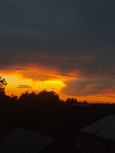 A serene sunset paints the sky with vibrant hues of orange and yellow, contrasting with the dark, silhouetted trees and rooftops in the foreground. The image captures a peaceful evening in the city of Hadiach, Ukraine. The composition is dominated by the dramatic sky, with the lower portion of the frame filled with the dark outlines of trees and buildings, suggesting a quiet, residential area.