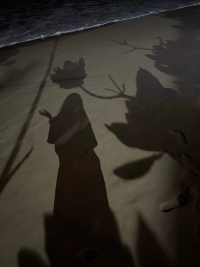 The image depicts a nighttime scene on a sandy beach in Mirissa, Sri Lanka. The foreground is dominated by the dark shadows of a person and botanical elements cast upon the sand. The shadow of a person, appearing to be wearing a long garment, is prominently positioned in the center, with one arm raised and hand open. Nearby, distinct shadows resembling large flowers and tree branches are visible, suggesting a projection or illumination source. The background shows the dark, rippling surface of the ocean with a faint line of breaking waves. The sand itself appears wet and textured, with subtle indentations and footprints.