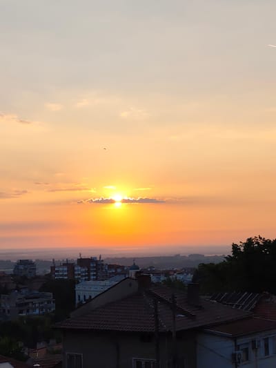 The image captures a serene sunset over the city of Svishtov, Bulgaria. The sun, partially obscured by a strip of clouds, casts a warm, golden-orange glow across the sky. In the foreground, a dense canopy of dark green trees partially conceals a collection of buildings. These buildings are a mix of architectural styles, with tiled roofs, balconies, and multi-story apartment complexes visible. Some of the structures appear older, with visible signs of wear, while others seem more modern. The cityscape extends towards a hazy horizon, where the faint outlines of distant structures are barely discernible against the soft sky. The overall impression is one of a quiet urban landscape bathed in the tranquil light of dusk.