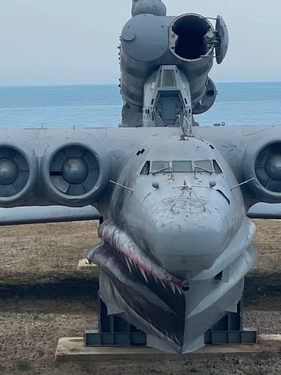 The image shows a close-up, eye-level view of the front of a large, grey, abandoned aircraft, likely a Lun-class ekranoplan, displayed outdoors in Arablyar, Russia. The aircraft is painted to resemble a shark, with a gaping mouth and sharp teeth depicted on its bow. Visible on the aircraft are two prominent engine nacelles on its wings, the cockpit with its windows, and what appears to be a missile launcher assembly mounted above the main body. The aircraft is resting on a metal support structure and concrete blocks. In the background, the sea is visible under a grey, overcast sky, with dry, sandy ground in the immediate foreground. There are no people or animals present in the image.