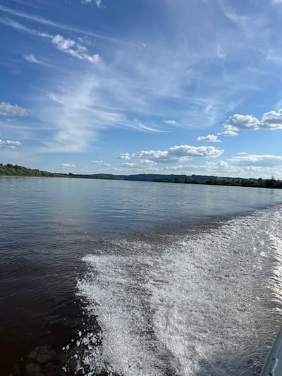 The image captures a view from a boat moving on a body of water, likely a river, given the lush green treeline along the shore. The perspective is from the right side of the boat, showing a turbulent wake of white, frothy water to the right, indicating movement. The main body of water extends towards the left, appearing calm and dark. The horizon is clearly defined by the treeline, which suggests a natural, undeveloped landscape. Above the treeline, a vast blue sky is dotted with an assortment of clouds. Some clouds are puffy and white, scattered across the sky, while others are wispy and streaky, forming delicate patterns.
The overall scene evokes a sense of travel and exploration on a bright, clear day. The sunlight glints off the water's surface and the churning wake, suggesting it is daytime, likely late morning or afternoon. The presence of the wake is the primary indicator of activity. The location context provided, Ust'-Liuga, Russia, places this scene in a specific geographical region known for its rivers and natural beauty, aligning with the visual cues of the image. No people or explicit man-made objects, beyond what might be part of the boat the photo is taken from, are visible. The scene is peaceful and scenic, dominated by the interplay of sky, water, and land.