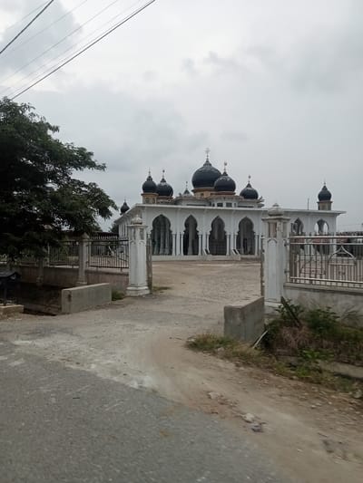 The image shows a mosque with multiple domes in Meunasaharonganarabungkok, Indonesia. The mosque is white with black domes and a light brown base. It has a long, open-air structure in front with arched colonnades. A metal fence surrounds part of the mosque grounds. To the left, there is a large, leafy green tree. A dirt road leads to the entrance of the mosque, and to the right, there are some overgrown plants and a concrete structure. The sky is overcast and gray. There are no people visible in the image.