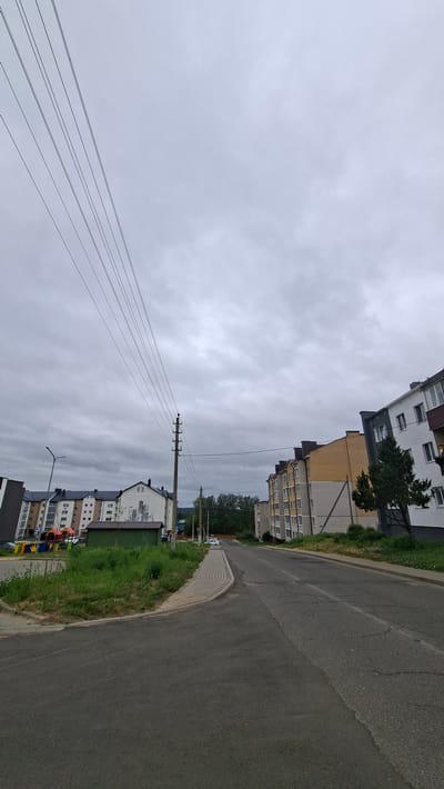 The image depicts a street scene in the city of Smaliavichy, Belarus, under an overcast sky. The foreground shows an asphalt road with visible cracks and a paved pedestrian walkway on the left. To the left of the road are apartment buildings with multiple stories, some featuring balconies and windows. Adjacent to the buildings is a small playground with colorful equipment and a patch of overgrown green grass. A tall street lamp is visible on the left side of the road.
Further down the road, a concrete utility pole with multiple wires stretches across the frame, supported by insulators. Beyond the utility pole, a row of residential buildings continues, with facades of yellow brick and white plaster. A lone evergreen tree stands in front of one of these buildings. The road curves to the right and leads into the distance, where it is bordered by more apartment buildings and greenery. A few parked cars are visible on the road and in front of the buildings. The background is dominated by a dense line of trees, suggesting a more rural or park-like area beyond the residential zone. The overall impression is of a quiet urban or suburban neighborhood on a cloudy day.