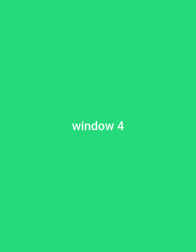 The image displays a uniform emerald green background. Centered horizontally and slightly above the vertical midpoint, the white text "window 4" is present. No people, additional objects, or discernible actions are depicted. The scene represents a digital display or a flat colored surface with text. This visual content is described as being located in the city of Koulamoutou, Gabon.