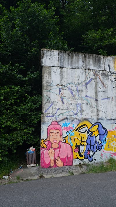 A concrete wall covered in graffiti stands next to a dense green forest. The graffiti depicts a stylized pink Buddha-like figure in the lower left, with a map of military fronts drawn in blue and purple on the wall above it. To the right of the Buddha, there are cartoonish yellow and blue characters with exaggerated features, also rendered in graffiti. A trash can filled with various items is visible to the left of the wall, near the edge of the forest. The area in front of the wall is paved with asphalt, suggesting it is a roadside location. The overall scene captures an urban artistic intervention within a natural setting, possibly in or near Krasnaya Polyana, Russia, given the presence of graffiti referencing military fronts and geographical locations that may be relevant to that region.