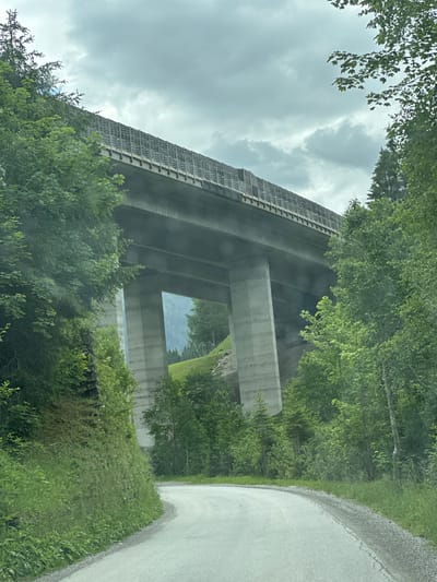 The image shows a concrete overpass in Flachauwinkl, Austria, with a winding road in the foreground and lush green trees on either side. The sky is overcast with clouds. The overpass is supported by large concrete pillars and has a metal barrier along its edge. The road curves to the left, disappearing behind a grassy embankment on the left side of the frame. The overall scene depicts a natural environment with man-made infrastructure.