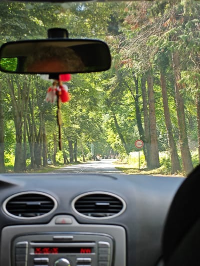 The image is taken from inside a car, looking forward through the windshield. The interior of the car is visible in the foreground, including the dashboard with air vents and a car radio displaying "25.06.25" and "AM". A rearview mirror hangs from the windshield, reflecting a person's head and shoulders.
The exterior view shows a road lined with tall trees, creating a canopy overhead. Sunlight filters through the leaves, dappling the road and the surrounding greenery. A road sign is visible on the right side of the road, depicting a red circle with two cars inside, indicating "no overtaking." In the distance, a few other cars and a sign with the word "RAFTING" are visible. The scene appears to be a scenic drive through a wooded area, likely in Milanovo, Bulgaria, given the provided context.
