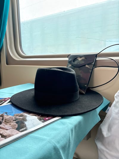 The image depicts the interior of a train compartment, presumably in transit to or from Voskresensk, Russia, or within its area of operation. In the foreground, a black felt fedora-style hat with a black grosgrain ribbon band is centrally positioned, resting on a light teal fabric-covered surface, likely a tray table. Partially obscured beneath the hat is a magazine with a glossy cover featuring a dragonfly on rocky terrain. The visible text on the magazine includes "НОЯБРЬ 2023 — АПРЕЛЬ 2024" (November 2023 – April 2024) in Cyrillic. To the right of the hat, leaning against the beige interior wall, is a small, upright pouch or bag with a camouflage pattern and a black faux leather flap featuring a circular cutout; a thin black strap extends from its top. The background features a rectangular train window with rounded corners. A light teal curtain is visible on the left side of the window. The view through the window is largely obscured and blurred, with visible water droplets on the glass, indicating rain and the train's motion. The external environment appears light but indistinct. No individuals are present in the scene.