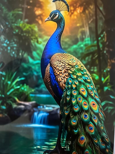 A regal peacock stands in profile, its iridescent blue neck and chest contrasting with its golden-brown back. Its tail feathers, fanned out slightly, display the characteristic "eyes" of blues, greens, and oranges. The peacock is positioned in the foreground, with a lush, green jungle environment serving as the backdrop. A small waterfall cascades into a tranquil pool of water in the mid-ground, adding a serene element to the scene. The lighting suggests a warm, possibly sunset, glow filtering through the trees. There is no indication of Cadek, Indonesia, or any urban environment within the image.