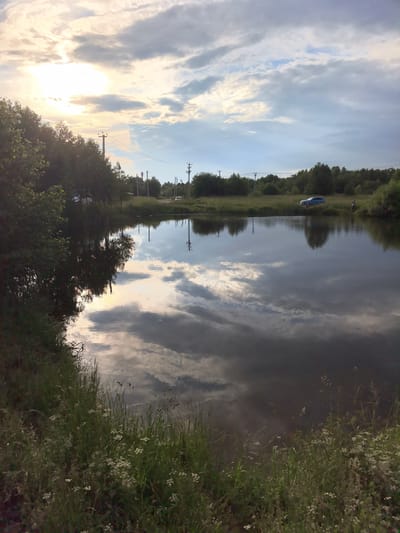 The image depicts a body of water, likely a pond or lake, situated in a rural or semi-rural setting within the city of Горный, Russia. The water's surface acts as a mirror, reflecting the sky and surrounding landscape. The sky is partly cloudy, with a bright sun breaking through, casting a soft light. Tall trees and vegetation line the banks of the water. In the background, there are signs of human activity, including utility poles with power lines and a blue car parked on a grassy area near the treeline. A person is visible standing near the car. The foreground is characterized by tall grasses and small white flowers, suggesting a natural, uncultivated environment.