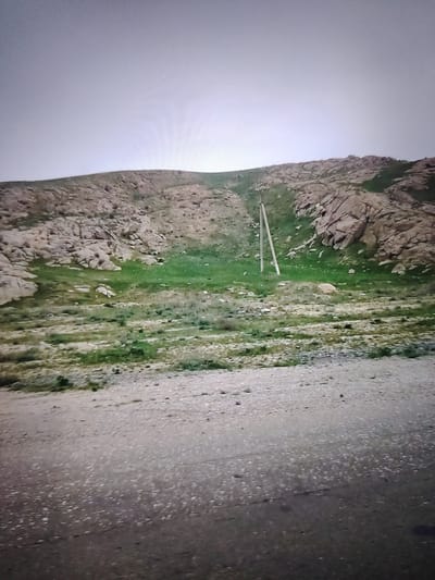 The image depicts a rocky, hilly landscape with sparse green vegetation. A dirt or gravel road occupies the foreground, stretching across the bottom of the frame. In the mid-ground, a gentle slope rises, covered in patches of grass and numerous large, light-colored rocks. Two pale, vertical poles, possibly utility poles, are situated on the grassy slope. The background features the continuation of the rocky terrain and a hazy, overcast sky. The scene appears to be a natural, undeveloped area on the outskirts of the city of Bukhara, Uzbekistan, characterized by its arid, rocky terrain and open sky.