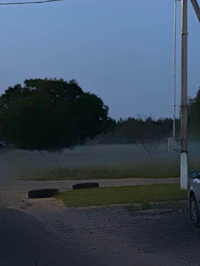 The image, correctly oriented, depicts a quiet rural scene at either dawn or dusk, characterized by soft, diffused lighting. In the foreground on the right, a paved or gravel road is partially visible, with the front wheel and side mirror of a car at the very top right edge, indicating a parked vehicle. Adjacent to the road is a strip of green grass, where two dark, round objects, possibly old tires, rest.
Stretching across the top of the frame is a large, metallic-looking horizontal beam or pipe, secured by a vertical post on the left and featuring various brackets and a small box-like fixture. A thinner line, possibly a wire or pipe, runs parallel beneath it. Farther left, a power line extends diagonally downwards.
The midground is dominated by a dense treeline, which forms a dark silhouette against a pervasive layer of mist or fog that blankets the area beyond the trees. Within this hazy expanse, the stark, bare branches of a leafless tree are visible. The sky above is a muted blue-gray, indicating either early morning, late evening, or an overcast day, with the mist reinforcing the former. No human or animal activity is observed. The scene evokes a tranquil and somewhat atmospheric mood in a rural setting, consistent with the location context of Лабжанскі сельскі Савет, Belarus. No visible text is present.
