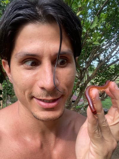 A close-up, selfie-style image shows a person holding a millipede on their right hand, outdoors. The person's face is partially visible on the left side of the frame, with eyes wide and looking to the right. They have dark hair, some of which is falling across their forehead and eyes. Their skin appears tanned. The millipede is a reddish-orange and black striped arthropod, curled on the person's fingers. In the background, lush green foliage and tree branches are visible, suggesting a natural, possibly tropical environment. The lighting indicates it is daytime, with sunlight filtering through the leaves. There is no clear indication of the specific location within Los Velásquez, Venezuela, beyond it being an outdoor, vegetated area.
