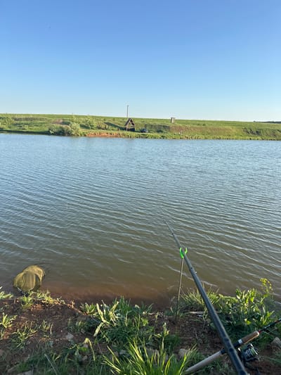 The image depicts a fishing scene at a body of water, likely a lake or a wide river, in Evlevo, Russia. A fishing rod, with a green line support, is propped up on the bank, which is covered with grass and vegetation. The water is slightly rippled. On the opposite bank, there is more vegetation and what appears to be a wooden structure or shelter. A fishing net rests in the water. The sky is a clear blue.