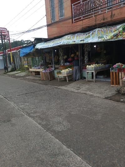 The image captures a commercial street scene from a ground-level perspective. A grey asphalt road, marked by a visible seam, occupies the foreground and extends into the mid-ground left. On the right, a two-story peach-colored building houses an open-front produce and snack stall at its ground level. A large white banner above the stall displays the Indonesian text "MAKAN SEGAR & SNACK" (Fresh Food & Snacks) and "GROSIR & ECERAN" (Wholesale & Retail).
Inside the stall, a single individual, dressed in a grey long-sleeved shirt and grey pants, stands facing away from the camera, attending to merchandise. The stall displays various fruits, including watermelons in white crates, hanging bananas, and hanging durians, arranged on wooden tables and in multiple crates. The building's upper floor features two tall, rectangular windows and a balcony with white, ornate metal railings. To the immediate left of the produce stall, a smaller vendor stand, covered by a blue tarp, is partially visible. Further left, a red and white "Indomaret" sign is prominently displayed, which is an Indonesian convenience store chain. Numerous black electrical wires crisscross the sky above the street. In the distant background, green, forested hills are visible beneath an overcast sky. The visible Indonesian language on banners and the presence of an Indomaret sign indicate the location is in Indonesia, not Ariyalai, Sri Lanka.