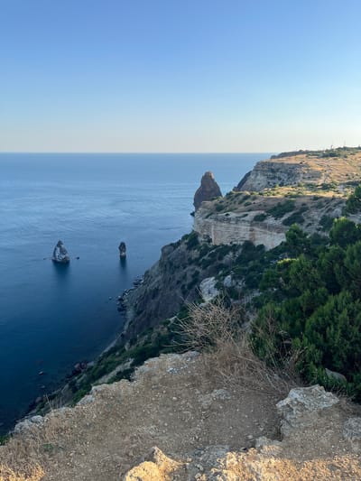 The image depicts a dramatic coastal cliffside overlooking a deep blue sea under a clear, bright sky. The scene is oriented vertically, presenting a high-angle perspective.
The cliff face is rugged and layered, with visible strata of rock in shades of white and tan. Sparse green vegetation, including trees and dry grasses, clings to the slopes. The sea below is calm and expansive, with a few rocky outcrops protruding from the water.
The sun appears to be high in the sky, casting strong light and creating a bright, hazy horizon. This suggests it is likely midday. The overall mood is serene and awe-inspiring, emphasizing the grandeur of the natural landscape.
There are no people or specific objects visible in the image, only the natural elements of the cliff, sea, and sky. The location is identified as Balaklavsky District, Ukraine, which aligns with the dramatic coastal scenery. No text is visible in the image.