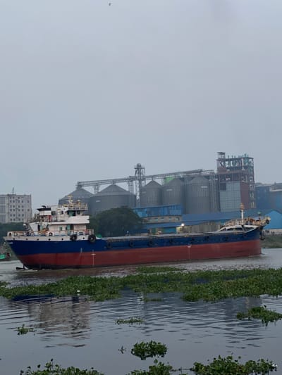 A large cargo ship, predominantly red and blue, is docked along a body of water thick with vegetation, possibly a river or canal. The ship is situated next to a complex of industrial structures, including silos and metal framework, likely a grain processing or storage facility. In the background are some buildings of Tarabo, Bangladesh. The sky is overcast, suggesting a misty or humid atmosphere. There are no visible people in the frame.