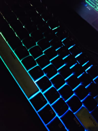 The image displays a close-up, angled view of a black keyboard with illuminated keys. The illumination is primarily blue and green, creating a vibrant glow around the edges of the keys. Some keys are clearly visible, with markings such as "ALT," "FN," "SHIFT," and "ENTER" discernible. The keyboard appears to be in a dark environment, with the lighting of the keys being the dominant light source. The background is mostly black, suggesting a low-light setting. There are no people visible in the image, and no specific actions or interactions are depicted. The image does not provide any information about the location within the city of Versailles, France, or any other geographical context.