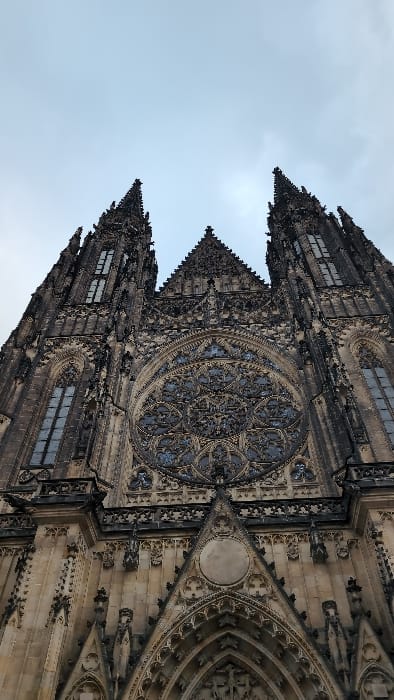 This image depicts a low-angle view of the highly ornate, dark stone Gothic facade of St. Vitus Cathedral, located within Prague Castle in the Capital City of Prague, Czechia. The central focus is the cathedral's western front, showcasing its elaborate architectural details under an overcast sky.

The composition highlights two prominent, vertically elongated bell towers capped with spires, flanking a central gable section. Below the gable, a large circular rose window with complex tracery is visible. Smaller, pointed arched windows are present on the towers. The facade is characterized by numerous Gothic elements including pinnacles, gargoyles, pointed arches, and intricate sculptural details carved into the stone. The stonework appears weathered and dark. No people, vehicles, or discernible actions or interactions are visible within the frame. The lighting suggests daylight conditions, though muted by the cloudy sky.
