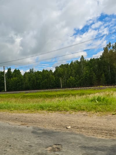 The image depicts a roadside view with a forest line and a railway track in the background. In the foreground, there is a paved road with some debris. Beyond the road, a strip of dry grass is visible, followed by a railway track. A dense forest of deciduous trees forms the backdrop, with a cloudy blue sky overhead. Overhead power lines stretch across the scene. The environment appears to be rural, possibly along a transportation route within or near Малевіцкі сельскі Савет, Belarus, given the context. There are no people or specific actions captured in the image.