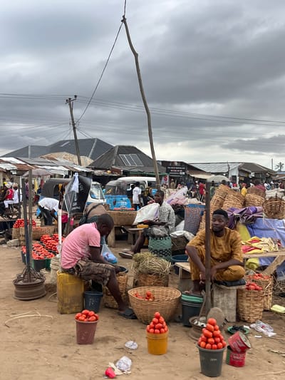 This image depicts an outdoor market scene in Oko Amakom, Nigeria. The sky is overcast with gray clouds. In the foreground, two men are seated. The man on the left wears a pink t-shirt and patterned shorts, sitting on a yellow container. The man on the right wears a mustard-colored traditional garment and is seated on a wooden stool. Both men appear to be vendors.
Numerous baskets and buckets filled with red tomatoes are visible throughout the scene, indicating a produce market. Several larger woven baskets are stacked, some appearing empty, others with produce or fabric. In the background, various market stalls with corrugated metal roofs and exposed wooden structures are present. Several auto-rickshaws, known locally as Keke-napep, are parked. Some market-goers are visible in the middle ground, engaged in activity. Power lines and utility poles are present in the upper portion of the image. The ground is dirt and appears worn.