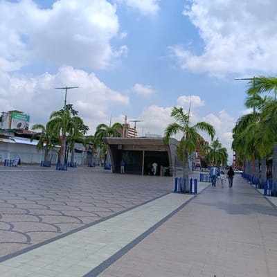 The image shows a streetscape in Valencia, Venezuela, featuring the Cedeno Metro station entrance. The station is a modern, concrete structure. People are walking on the wide, paved sidewalks and in the plaza area. Palm trees line the street, their trunks enclosed by short blue barriers. Buildings and signage are visible in the background, including a large advertisement. The sky is blue with scattered clouds. The ground is paved with a mix of rectangular and semi-circular patterns of gray bricks.
