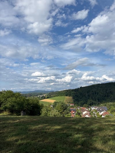 The image depicts a sun-drenched landscape with a dramatic cloudy sky above. In the foreground, a grassy field is cast in dappled sunlight. Beyond the field, a small village is nestled amongst rolling green hills and a dense forest. The village features several houses with red-tiled roofs and some with solar panels. A golden field is visible to the right of the village, contrasting with the surrounding greenery. The overall scene suggests a rural setting, likely in the region of Birkenau, Germany. The weather appears to be fair, with the clouds adding texture and depth to the sky. There are no people or animals visible in the image.