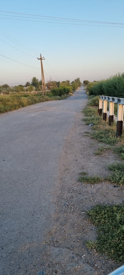 The image shows a paved road in a rural area, possibly in the vicinity of Хаваскор, Tajikistan. The road is surrounded by vegetation, including bushes and trees, and extends into the distance, appearing to curve slightly to the right. On the right side of the road, there is a white and black striped guardrail. A wooden utility pole with multiple wires runs parallel to the road on the left side. The sky is clear and blue, suggesting it is daytime, likely morning or late afternoon due to the soft lighting. There are no people or vehicles visible in the immediate foreground. The overall impression is one of a quiet, undeveloped rural landscape.