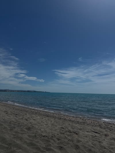 The image depicts a serene beach scene in Aheloy, Bulgaria, under a clear blue sky dotted with wispy clouds. The foreground is dominated by dark, coarse sand with visible ripples from wind or water. The dark sand transitions to a calm, deep blue sea that occupies the middle ground. The waterline shows gentle waves lapping at the shore. In the distance, along the horizon, a town or city is visible, characterized by buildings and some greenery, suggesting it is Aheloy itself. A faint silhouette of mountains can be seen behind the town. A few individuals are visible in the water, appearing to be swimming or wading. The overall impression is one of a tranquil day at the seaside.