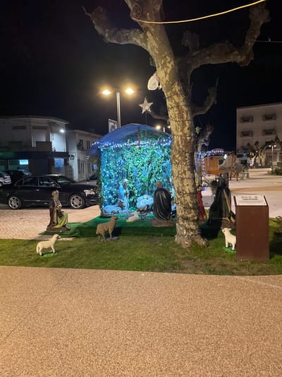 A nighttime street scene includes a nativity scene beneath a large tree wrapped with lights. The scene features traditional figures and animals within a small enclosure. A car is parked nearby. A street lamp illuminates the scene and the surrounding buildings. A brown sign stands next to the tree, and a sidewalk runs along the right side of the image.